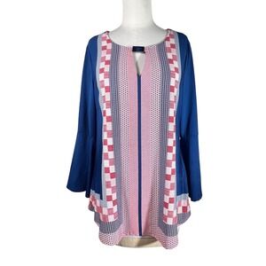 Investments Womens Blue Red Geometric Print Bell Sleeve Keyhole Tunic Top Size M